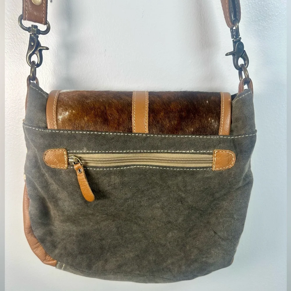 Myra Bag Brown and White Cowhide Shoulder Bag Crossbody Grey canvas western - Picture 10 of 12